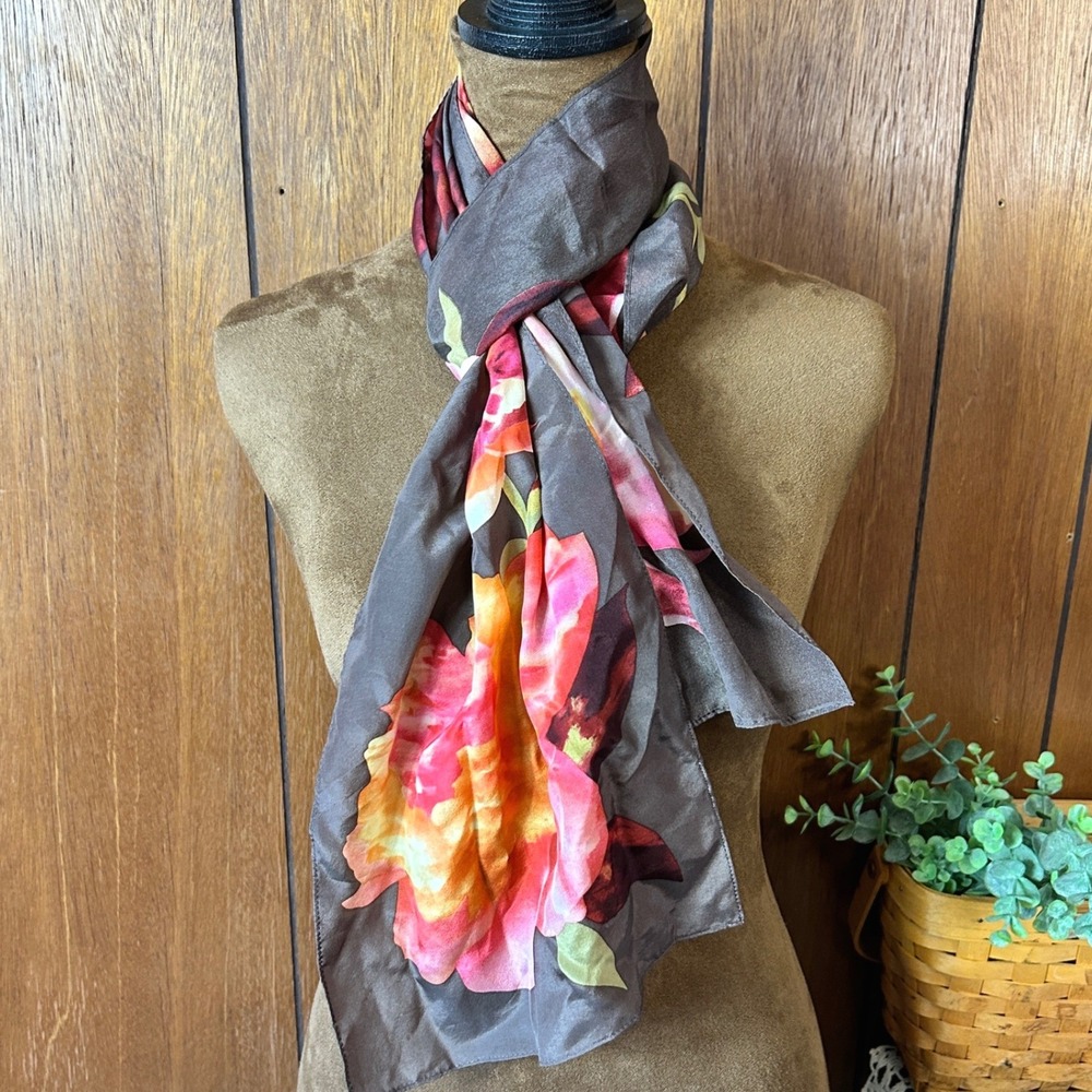 Vintage Silk Floral Scarf Brown Pink‎ Orange Watercolor Print Fashion Accessory